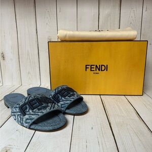 Fendi Denim Print Logo Slide Sandal Blue Sz 36 / 6